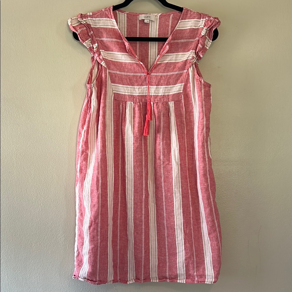 LOFT Red and White Striped V-Neck Top